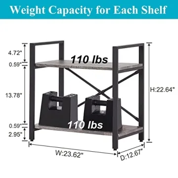 BON AUGURE Small Bookshelf for Small Space, 2 Tier Shelf Floor Bookcase for Storage, Industrial Short Low Wood Metal Book Shelves for Bedroom, Office, Living Room, Classroom(Dark Gray Oak)