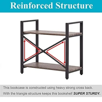 BON AUGURE Small Bookshelf for Small Space, 2 Tier Shelf Floor Bookcase for Storage, Industrial Short Low Wood Metal Book Shelves for Bedroom, Office, Living Room, Classroom(Dark Gray Oak)