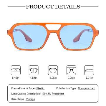 COASION Vintage 70s Flat Aviator Small Frame Sunglasses for Women Men Square Metal Design UV400 Protection Shades (Orange Frame/Blue Lens)