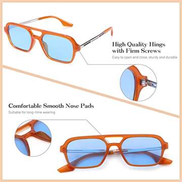COASION Vintage 70s Flat Aviator Small Frame Sunglasses for Women Men Square Metal Design UV400 Protection Shades (Orange Frame/Blue Lens)