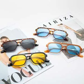 COASION Vintage 70s Flat Aviator Small Frame Sunglasses for Women Men Square Metal Design UV400 Protection Shades (Orange Frame/Blue Lens)