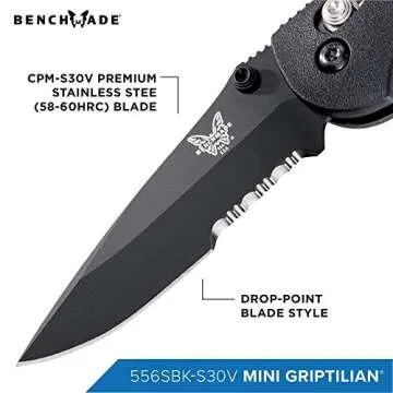 Benchmade - Mini Griptilian 556SBK-S30V Knife with CPM-S30V Steel, Drop-Point Blade, Serrated Edge, Coated Finish, Black Handle, Made in the USA