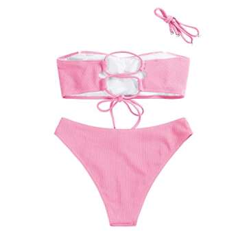 ZAFUL Women Strapless Ribbed High Cut Bandeau Bikini Lace Up 2 Pieces Swimwear(0-Pink,S)