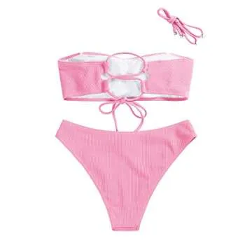 ZAFUL Women Strapless Ribbed High Cut Bandeau Bikini Lace Up 2 Pieces Swimwear(0-Pink,S)
