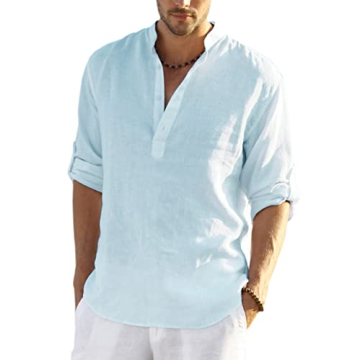 Stylish COOFANDY Men's Cotton Linen Henley T-Shirts Long Sleeve Casual Tops