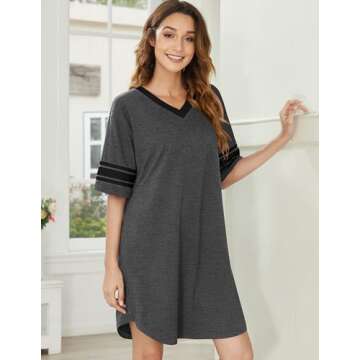 Ekouaer Women's Nightgown - Cozy Cotton Sleep Shirt V Neck Color Block XL Dark Grey