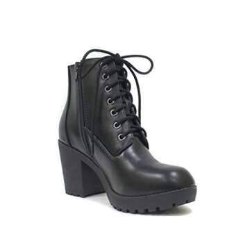 Soda Second Lug Sole Chunky Heel Combat Ankle Boot Lace up w/Side Zipper (6.5, Black PU)