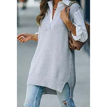 Viottiset Women's Oversized V Neck Knit Sweater Vest Tunic Sleeveless Pullover Top Gray Large