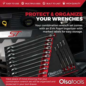 Olsa Tools 15 Pcs Metric Combination Wrench Set, Sizes 8-22mm, Unbreakable, Chrome Vanadium Steel, P...