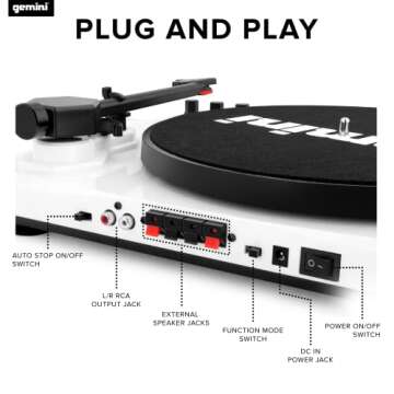 Gemini Sound TT-900-3-Speed Turntable with Bluetooth, 2-Way Stereo Speakers, and Pitch Adjustment (White)