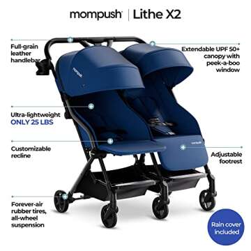Mompush Lithe Double Ultralight Stroller, Lightweight Side by Side Stroller, Two Large Seats with In...