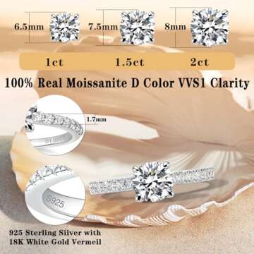 YosikCase Moissanite Rings for Women 1CT Moissanite Engagement Ring Sterling Silver Rings Size 6