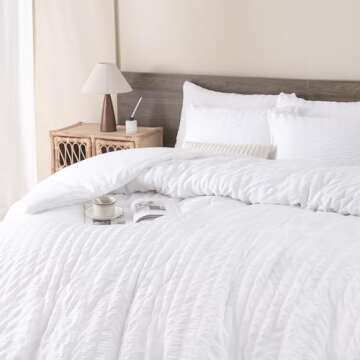 Andency King Size Comforter Set White, 3 Pieces Seersucker Bedding Comforter Sets (1 Textured Comforter & 2 Pillowcases), Lightweight Microfiber Down Alternative Bed Set (104x90 inches)