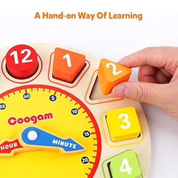 Coogam Wooden Shape Color Sorting Clock – Teaching Time Number Puzzle Stacking Sorter Jigsaw Monte...