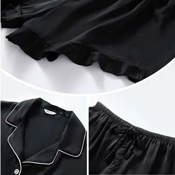 SAPJON Satin Silk Pajamas for Women 2Pcs Ruffle Notch Collar Sleepwear Button Down Short Sleeve Shorts Pjs Set Loungewear Black