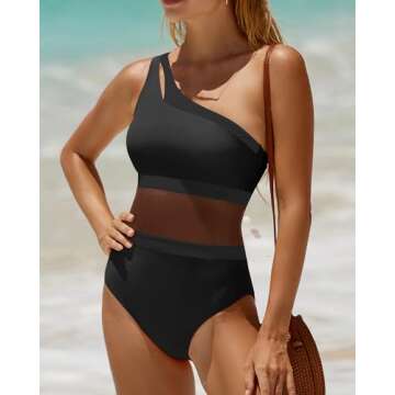 Holipick Women's Black One Shoulder One Piece Swimsuit Cutout Bathing Suits Mesh Slimming Swimwear for Teen Girls X-Large