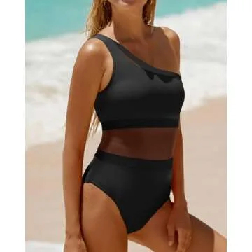 Holipick Women's Black One Shoulder One Piece Swimsuit Cutout Bathing Suits Mesh Slimming Swimwear for Teen Girls X-Large