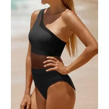Holipick Women's Black One Shoulder One Piece Swimsuit Cutout Bathing Suits Mesh Slimming Swimwear for Teen Girls X-Large