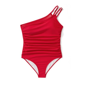 SUUKSESS Women Slimming Tummy Control One Piece Swimsuits Sexy Mesh One Shoulder Bathing Suits Cutout Monokini Swimwear(Red,M)