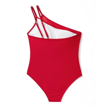 SUUKSESS Women Slimming Tummy Control One Piece Swimsuits Sexy Mesh One Shoulder Bathing Suits Cutout Monokini Swimwear(Red,M)