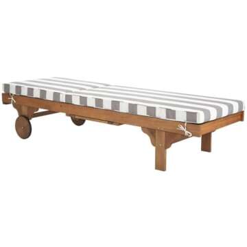 SAFAVIEH Outdoor Collection Newport Natural/ Grey & White Stripe Cushion Built-in Side Table Adjustable Chaise Lounge Chair