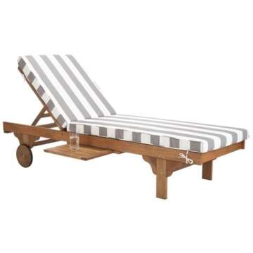 SAFAVIEH Outdoor Collection Newport Natural/ Grey & White Stripe Cushion Built-in Side Table Adjustable Chaise Lounge Chair