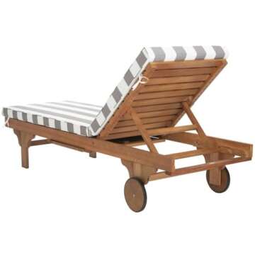 SAFAVIEH Outdoor Collection Newport Natural/ Grey & White Stripe Cushion Built-in Side Table Adjustable Chaise Lounge Chair