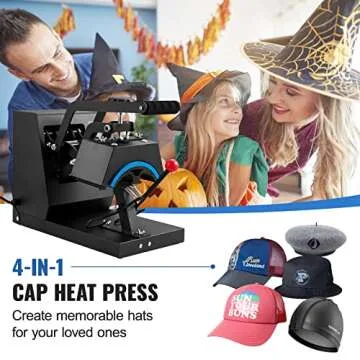 VEVOR 4-in-1 Heat Press Machine for Hats with 6x3inches Curved Teflon-Coated Heat Plate, Easy Temper...