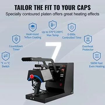VEVOR 4-in-1 Heat Press Machine for Hats with 6x3inches Curved Teflon-Coated Heat Plate, Easy Temperature Control Non-Slip Base, Four Replaceable Elements 6x3/6.7x2.7/6.7x3.8/8.1x3.5inches