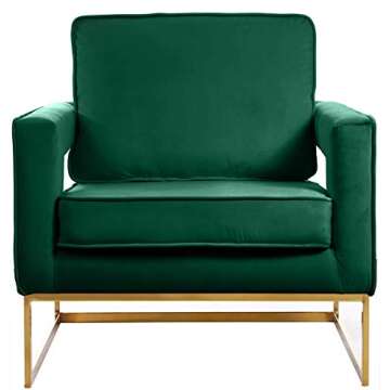 Meridian Furniture Noah Collection Modern | Contemporary Velvet Upholstered Accent Chair with Durable Stainless Steel Base, Green, Gold Base