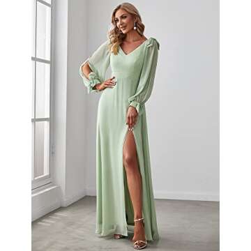 Ever-Pretty Women's Elegant Double V Neck Long Sleeve Formal Dress High Waist Split Formal Evening Gowns Mint Green US20