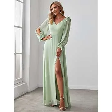 Ever-Pretty Women's Elegant Double V Neck Long Sleeve Formal Dress High Waist Split Formal Evening Gowns Mint Green US20