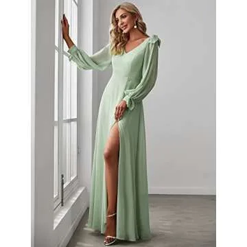 Ever-Pretty Women's Elegant Double V Neck Long Sleeve Formal Dress High Waist Split Formal Evening Gowns Mint Green US20