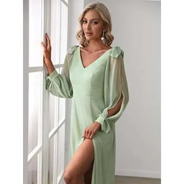 Ever-Pretty Women's Elegant Double V Neck Long Sleeve Formal Dress High Waist Split Formal Evening Gowns Mint Green US20