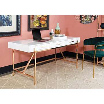OSP Home Furnishings Broadway Modern Executive Desk with 3 Drawers and Charging Station, White Gloss...