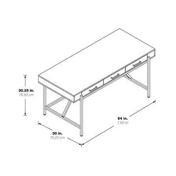 OSP Home Furnishings Broadway Modern Executive Desk with 3 Drawers and Charging Station, White Gloss Finish and Gold Frame