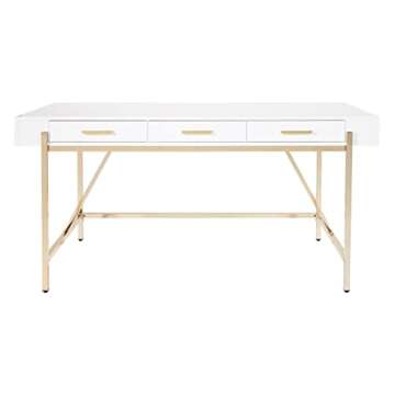 OSP Home Furnishings Broadway Modern Executive Desk with 3 Drawers and Charging Station, White Gloss Finish and Gold Frame