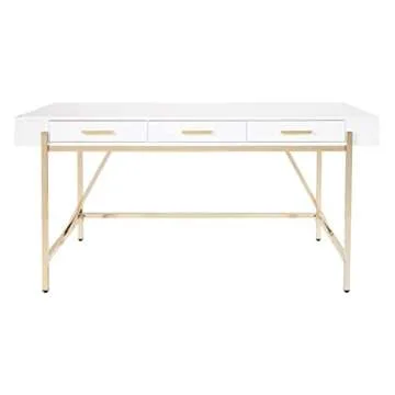 OSP Home Furnishings Broadway Modern Executive Desk with 3 Drawers and Charging Station, White Gloss Finish and Gold Frame