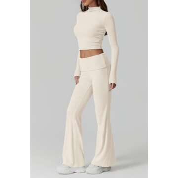 QINSEN Womens 2 Piece Lounge Sets Mock Neck Long Sleeve Tops with Side Ruched Fold Over Flare Pants Comfy Tracksuits