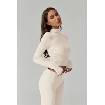 QINSEN Womens 2 Piece Lounge Sets Mock Neck Long Sleeve Tops with Side Ruched Fold Over Flare Pants Comfy Tracksuits