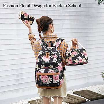 Teen Girl School Backpack with Lunch Box Pencil Case, 3 in 1 Canvas Student BookBag Set for Elementary School (Floral)