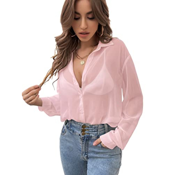 Verdusa Women's Sheer Mesh Button Down Shirt Top Long Sleeve Drop Shoulder Blouse Pink S
