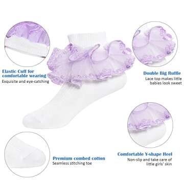4 Pairs Toddler Girls Big Ruffle Lace Socks White Cotton Soft Cute Frilly Princess Dress Ankle Socks...