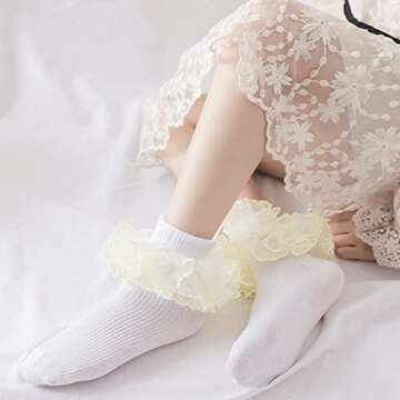 4 Pairs Toddler Girls Big Ruffle Lace Socks White Cotton Soft Cute Frilly Princess Dress Ankle Socks Little Kids 6-8Years
