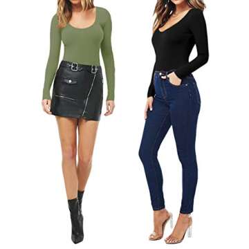 MANGOPOP Long Sleeve Bodysuits for Women Scoop Neck Ribbed Body Suit Stretchy Basic T Shirt Tops