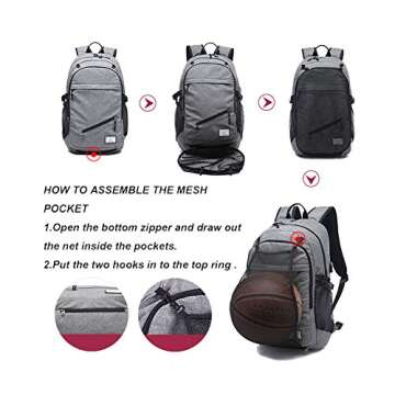 HiQuaty a-001 School Sports Laptop Backpack Travel Bags with A USB Charging Port and Basketball Pocket, Grey