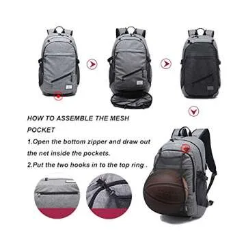 HiQuaty a-001 School Sports Laptop Backpack Travel Bags with A USB Charging Port and Basketball Pocket, Grey
