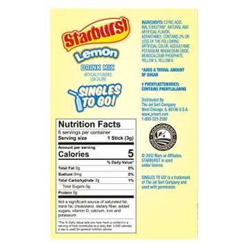 Starburst Singles To Go Powdered Drink Mix, Lemon, 3 Boxes with 6 Packets Each - 18 Total Servings, Sugar-Free Drink Powder, Just Add Water, 6 count (Pack of 3)