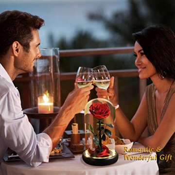 Dream of Flowers Valentines Day Gifts for Her, Beauty and The Beast Rose,Preserved Real Rose in Glass Dome on Black Wood with Warm Light,Valentines Rose Gifts for Women Wife Mom Girlfriend,Birthday