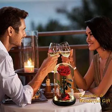 Dream of Flowers Valentines Day Gifts for Her, Beauty and The Beast Rose,Preserved Real Rose in Glass Dome on Black Wood with Warm Light,Valentines Rose Gifts for Women Wife Mom Girlfriend,Birthday